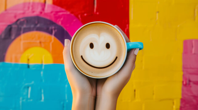 Woman's Hands Tenderly Cradle a Cappuccino with a Happy Face Drawn on Its Frothy Surface, Isolated against a Vibrant Background - Coffee Art, Beverage Concept, Happiness in Everyday Moments