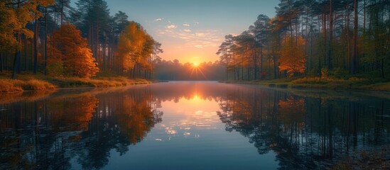 The sun sets on a small forest lake surrounded by trees reflected in the water