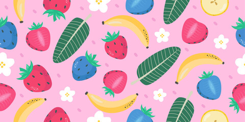 Seamless background pattern with strawberries and bananas. Tropical fruits cut in half. Trendy colorful vector illustration.