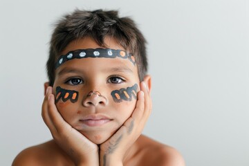 Close-up of a young boy with traditional indigenous face paint, looking thoughtful and resting his chin on hands - obrazy, fototapety, plakaty