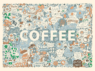 Colored doodle illustration on the coffee theme for decoration, packaging and posters. Horizontal orientation.