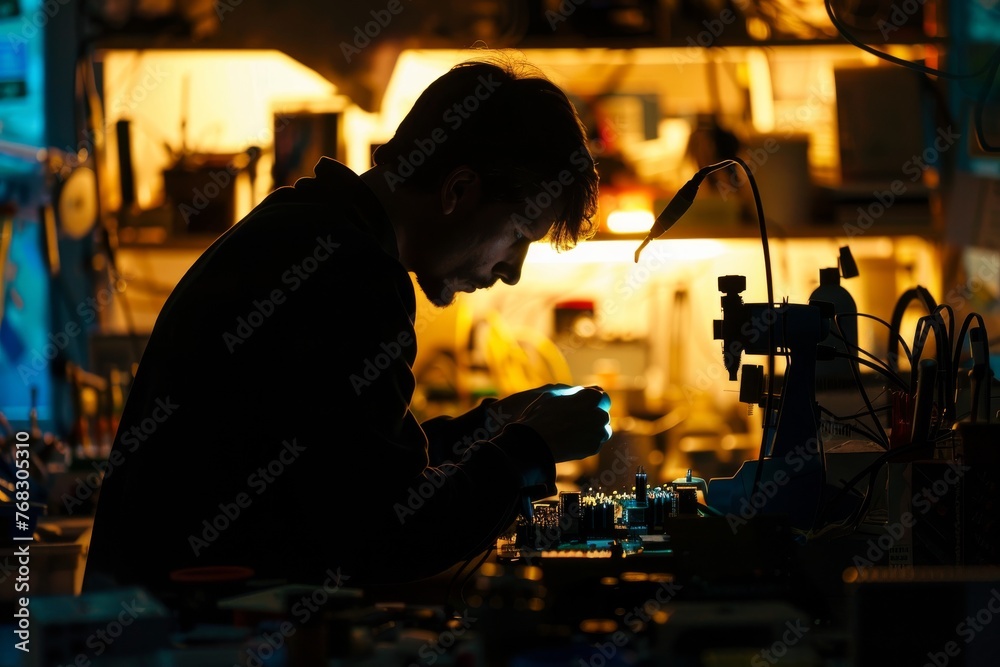 Leinwandbilder an engineer meticulously solders components in a technology-driven workshop illuminated by warm arti