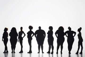 Fototapeta premium Various body shapes of strong, confident women standing together as silhouettes against a bright background
