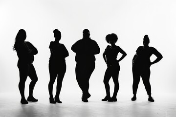 Five female figures stand in a row, showcasing diverse body types and confident stances, accentuated by silhouette against a light background