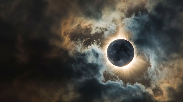 A breathtaking solar eclipse captured with dark ominous clouds surrounding the celestial event, showing the sun's corona