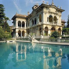 Naklejka premium Luxurious villa in Italy with big modern swimming pool and garden