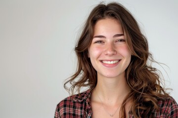 An attractive young woman with wavy brown hair wearing a plaid shirt, flashing a charming, toothy smile