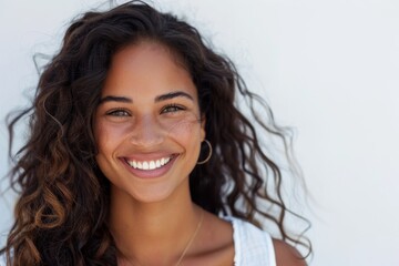 Naklejka premium A youthful woman with full curly hair and a beaming smile, standing in front of a white wall outdoors