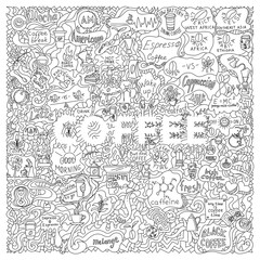Black and white doodle illustration on the coffee theme for decoration, packaging and posters. Square aspect ratio. Transparent background