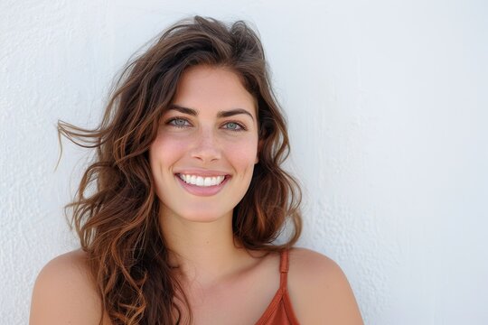 A portrait of a radiant woman with long brown hair and green eyes smiling joyfully against a white backdrop