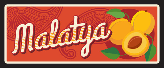 Malatya ili, Turkish province in mountainous area. Vector travel plate, vintage sign, retro postcard design. Territory of Turkey, old plaque with arabesque ornament, ripe peaches and apricots