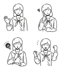 長袖セーラー服を着た女子学生の上半身線画イラスト4種セット