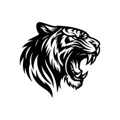 Vector logo of a tiger head. Black and white illustration of a roaring tiger.