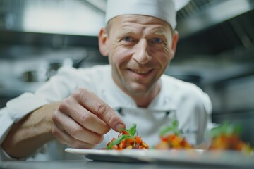 Cheerful chef in a commercial kitchen joyfully presenting a gourmet plate with vibrant colors