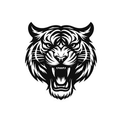 Vector logo of a tiger head. Black and white illustration of a roaring tiger.