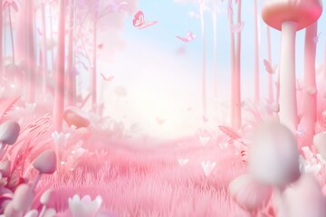 Fairy tale forest of dreams with warm white sunlight pours into the pink forest with flowers in the foreground and pink grass around created with Generative AI Technology - obrazy, fototapety, plakaty