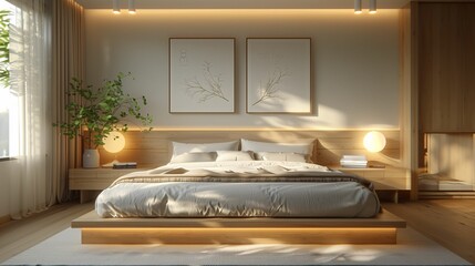 Modern Wooden Bedroom Interior at Sunset