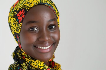 A close-up portrait of a smiling young woman wearing a colorful headscarf, exuding confidence and beauty