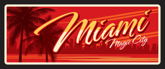 Miami american city retro travel plate, tin sign, tourist sticker. United States of America plaque, vector banner USA retro souvenir card with beach and palm trees, cityscape silhouette - obrazy, fototapety, plakaty
