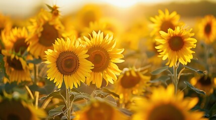 Fototapeta premium Beautiful nature field of blooming yellow sunflowers in sunny day landscape. AI generated image