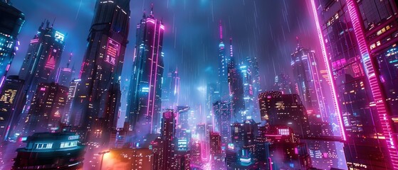 Sci-fi Cityscape with Purple and Cyan Neon lights, Night scene with Visionary Architecture, - obrazy, fototapety, plakaty
