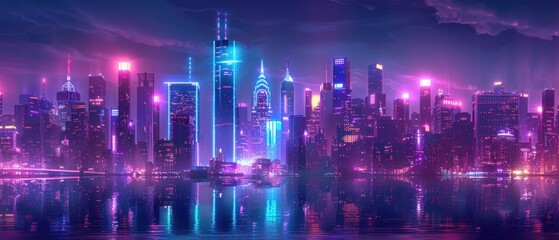 Fototapeta premium Sci-fi Cityscape with Purple and Cyan Neon lights, Night scene with Visionary Architecture,