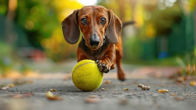 Portrait a purebred dachshund dog playing a yellow tennis ball. AI generated image