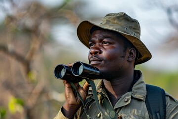 A serious man in hat using binoculars against a natural backdrop