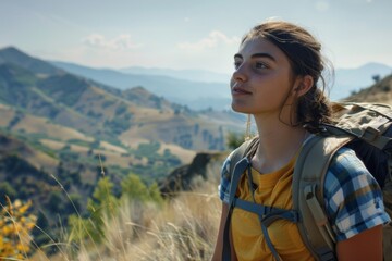Young woman backpacking looks out over mountains, contemplating the beauty of the natural landscape