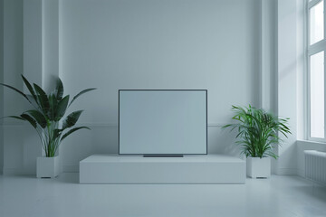 A blank of a living room and a television with a couple of plants on the sides