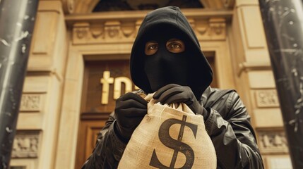 Thief in a black balaclava with a bag of money dollars - obrazy, fototapety, plakaty