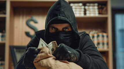 Thief in a black balaclava with a bag of money dollars
