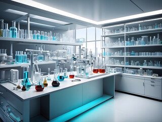 Medical, pharmaceutical research concept showcasing an impeccably arranged scene of laboratory instruments, pharmaceutical compounds, and scientific breakthrough design.
