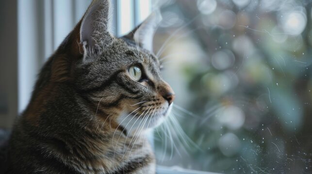 A tabby funny cat animal looking out the window at home. AI generated image