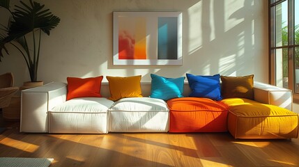 Modern Living Room Interior with Colorful Sofa and Abstract Art
