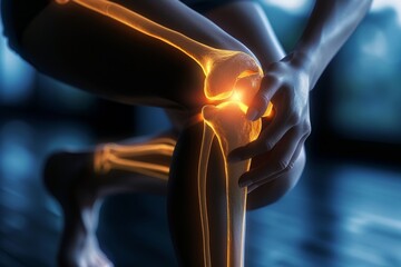 Virtual artwork showcasing knee pain: fractures, inflammation, and health issues - obrazy, fototapety, plakaty