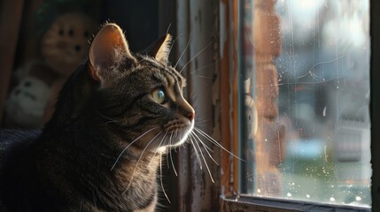 A tabby funny cat animal looking out the window at home. AI generated image