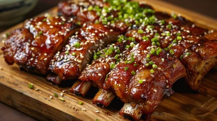 Fotobehang Tasty homemade marinated spareribs barbeque grilled food. AI generated image © orendesain99