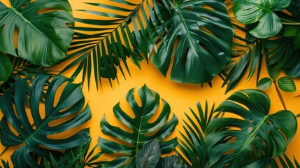Fototapeta na wymiar Top view flat lay tropical monstera leaves summer on vibrant background. AI generated image