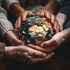 hands of various ages and ethnicities holding a globe together, symbolizing global unity and responsibility towards our planet
