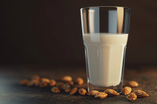 a glass of homemade almond milk and almonds on the side, symbolizing the simplicity and benefits of plant-based alternatives
