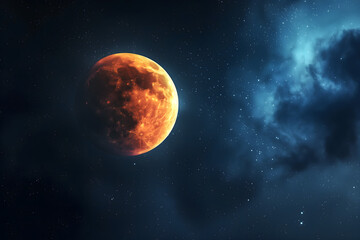 Fototapeta na wymiar Moon Eclipse abstract background with a burning moon in the sky, glowing and shining in space, clouds and nebula, in the style of a fantasy illustration