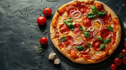 Top view traditional homemade tasty Italian pepperoni pizza on a dark slate table. AI generated