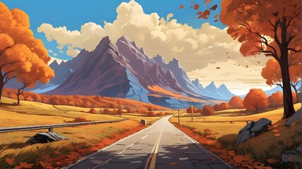 Comic book cover featuring an English road leading to autumn mountain scenery, fictional landscape made with generative AI. The cover should depict a dramatic scene, with the road stretching across 