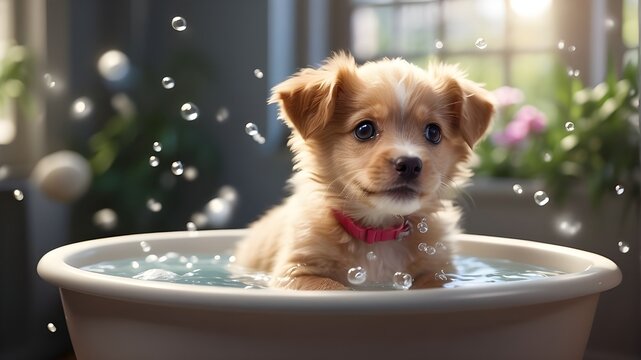 Cute puddle puppy dog in a small bathtub with soap foam and bubbles. The image should portray a realistic scene of a small bathtub filled with water, with a playful puppy inside. The puppy should be a