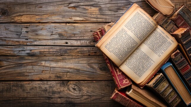Top view retro old open book and pile books on rustic wooden background. AI generated image