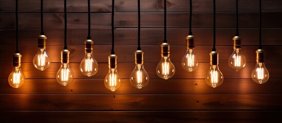 Numerous light bulbs are hanging on a rustic wooden wall, creating a decorative and warming atmosphere