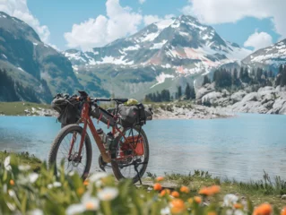 Plexiglas foto achterwand Bicycle with bikepacking gear with beautiful nature in the background © Nim