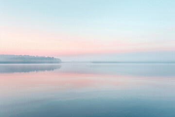 Fototapeta premium a serene lake at dawn, reflecting the soft pastel colors of the sky, to evoke tranquility and mindfulness 