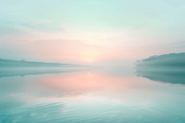 a serene lake at dawn, reflecting the soft pastel colors of the sky, to evoke tranquility and mindfulness 
